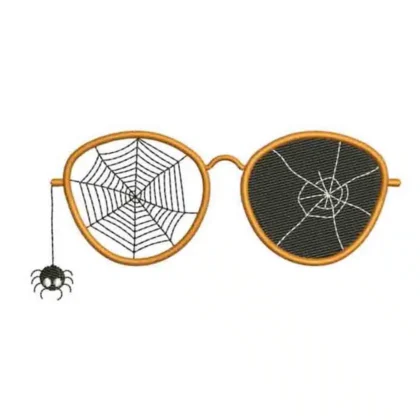 Free Halloween embroidery design of spooky sunglasses with a spiderweb lens, a cracked lens, and a small spider dangling from the side.
