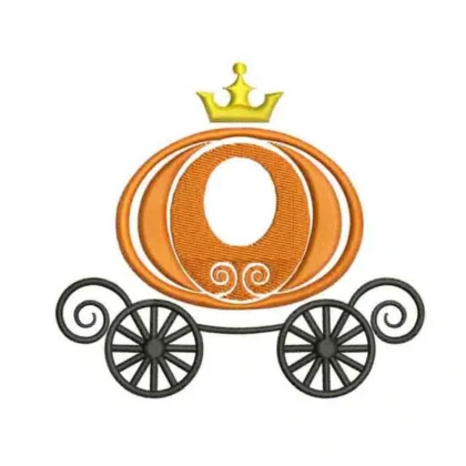 Free princess carriage machine embroidery design featuring an orange pumpkin coach with a gold crown and the letter O in the center.