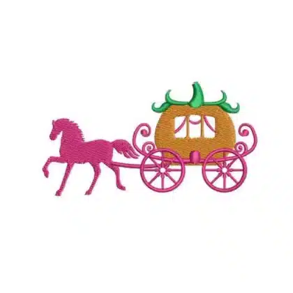 Free princess embroidery design of a pink horse pulling a pumpkin carriage, in a classic fairytale style.