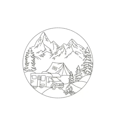 Circular line art embroidery design of a mountain camping scene with a camper van, tent, and campfire.