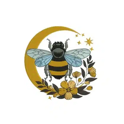 Celestial bee and floral moon machine embroidery design featuring a honey bee, crescent moon, stars, and flowers.