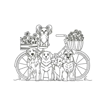 SEO-optimized image alt text for a line-art machine embroidery design featuring a group of five different dogs gathered around a bicycle with flower baskets, perfect for animal lovers and spring-themed projects.