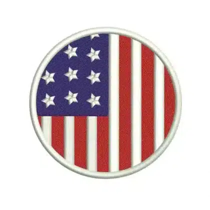 A round American flag patch machine embroidery design with stars and stripes contained in a circle with a white border, for patriotic 4th of July projects.