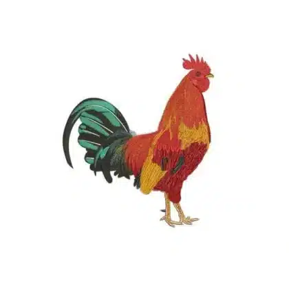 A realistic and colorful machine embroidery design of a rooster, perfect for a farmhouse or country kitchen decor pattern.
