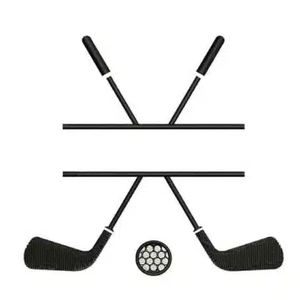 A machine embroidery design of two crossed golf clubs and a ball, with a blank split in the middle for adding a name or monogram.
