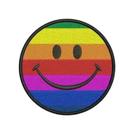 Retro rainbow smiley face machine embroidery design with horizontal rainbow stripes and a black border, perfect for making a happy face patch.