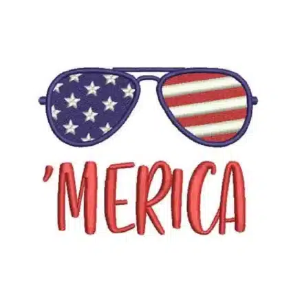 Funny patriotic 'Merica machine embroidery design featuring aviator sunglasses with the American flag stars and stripes in the lenses.