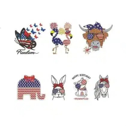 A patriotic animal machine embroidery design bundle for the 4th of July, featuring 7 designs including a highland cow, butterfly, cat, flamingos, elephant, bunny, and horse in USA flag themes.