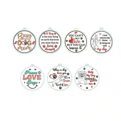 A machine embroidery design bundle featuring multiple round ornaments with funny and heartwarming quotes about dogs, including sayings for dog moms and rescue pets.