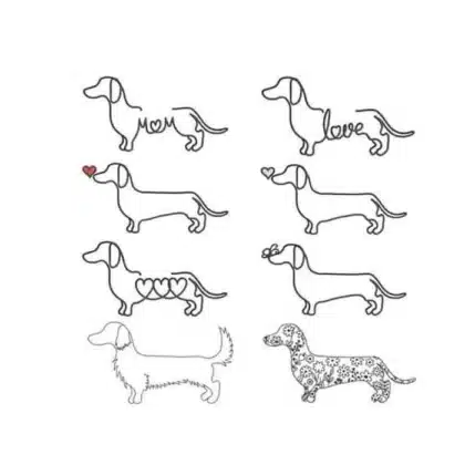 A machine embroidery design bundle of 8 unique Dachshund dog patterns, including minimalist line art with hearts and words, a long-haired version, and a floral-filled silhouette.