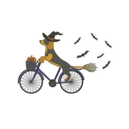 Halloween Dachshund on Bicycle Embroidery Design | Spooky Dog Embroidery