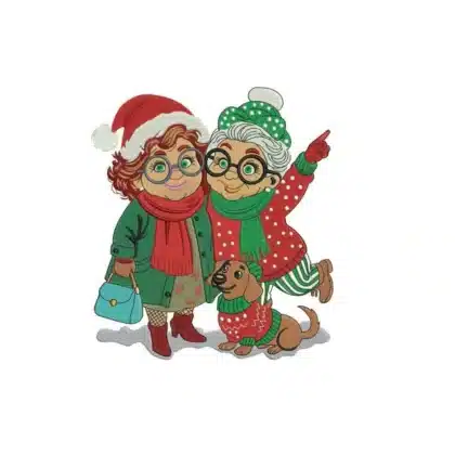 A detailed machine embroidery design of two cheerful elderly ladies, best friends, dressed in festive red and green Christmas outfits with a small dachshund dog in a holiday sweater.