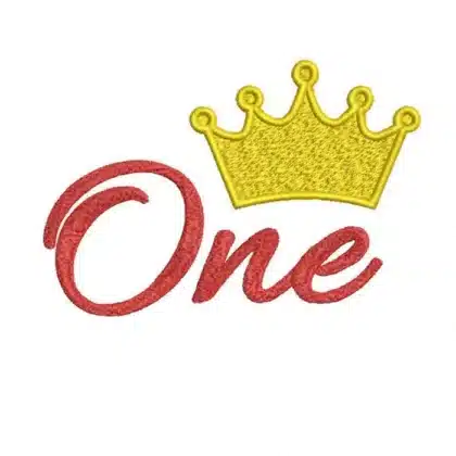 First birthday machine embroidery design with the word "One" in red script and a golden crown above it, perfect for a baby's 1st birthday.