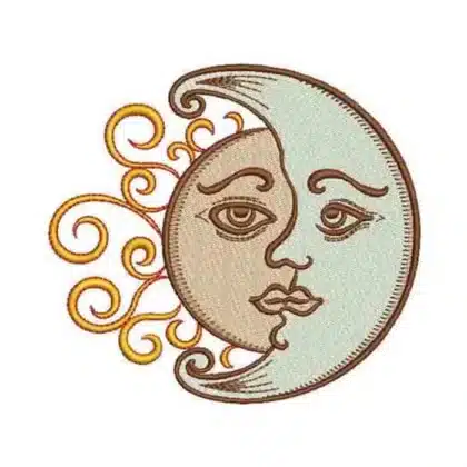 Celestial sun and moon face machine embroidery design, featuring a mystical face that is half crescent moon and half sun with golden rays.