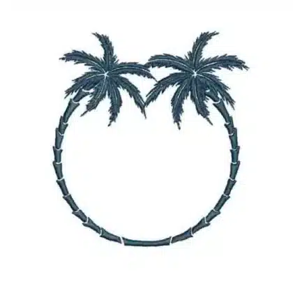 Machine embroidery design of two palm trees forming a circular wreath, a perfect tropical frame for monograms.