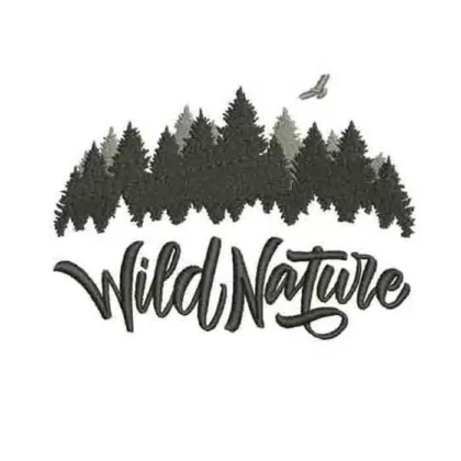 "Wild Nature" machine embroidery design featuring a pine forest silhouette and a soaring bird, perfect for outdoor and adventure-themed projects.