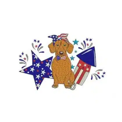 Patriotic dachshund dog wearing an American flag bandana, surrounded by stars and fireworks in a 4th of July machine embroidery design.