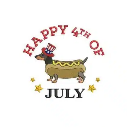 Funny 4th of July machine embroidery design featuring a dachshund (wiener dog) dressed as a hot dog and wearing a patriotic Uncle Sam hat.