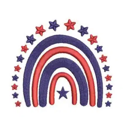 Patriotic rainbow machine embroidery design with red and blue stars, perfect for 4th of July projects.