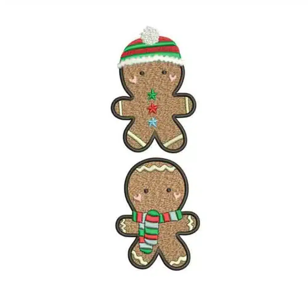 SEO Alt Text: Cute Christmas machine embroidery design featuring two stacked gingerbread men, one wearing a bobble hat and the other a striped scarf. Festive holiday cookie applique pattern for large hoop projects.